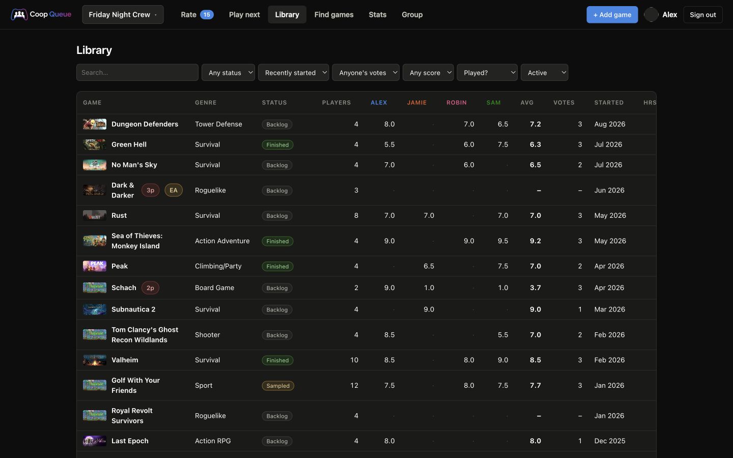 Shared game library with statuses, ratings from four players and a prompt to complete missing history