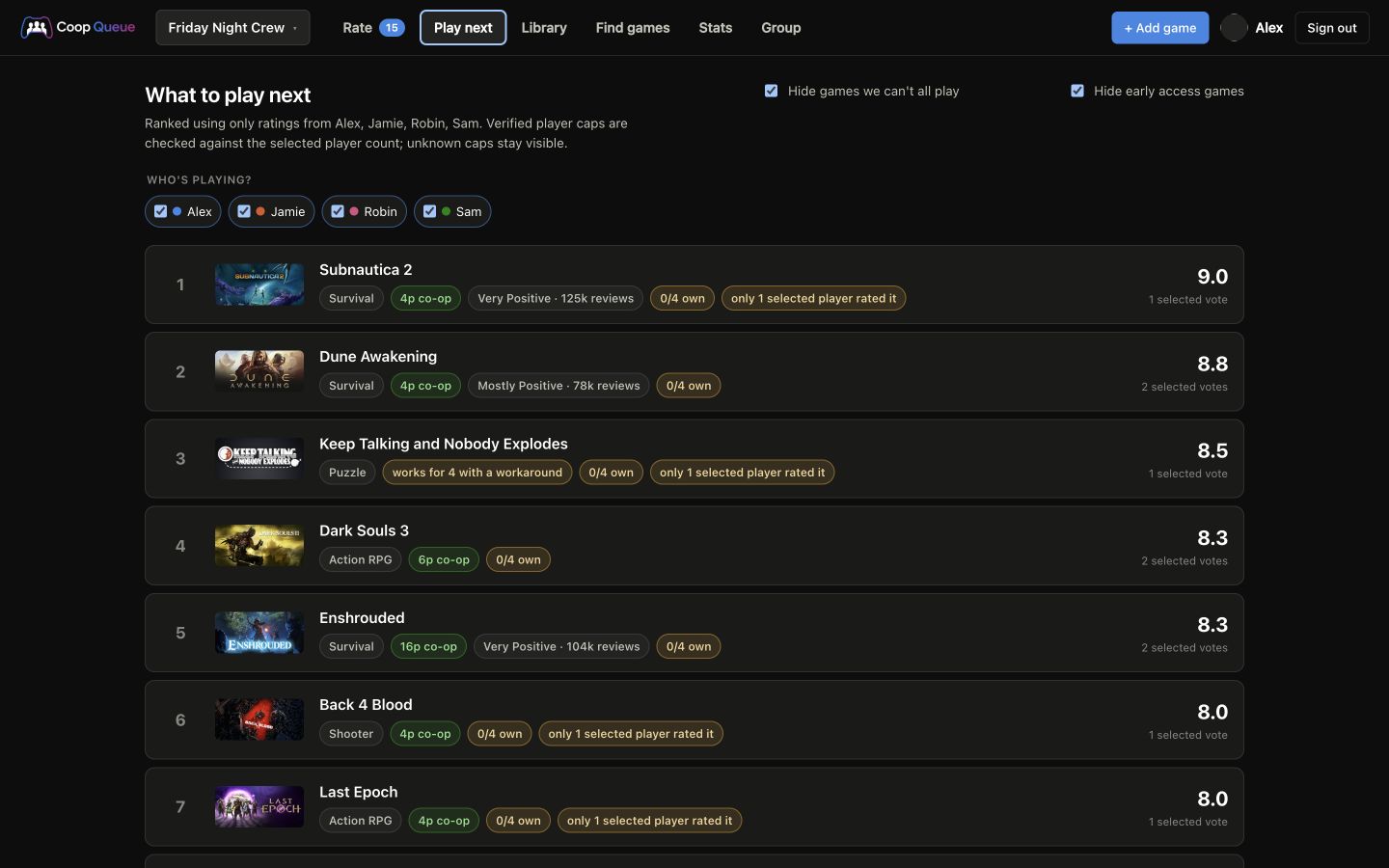 Play next ranking for a four-person group, with attendee filters, game artwork, player caps and scores